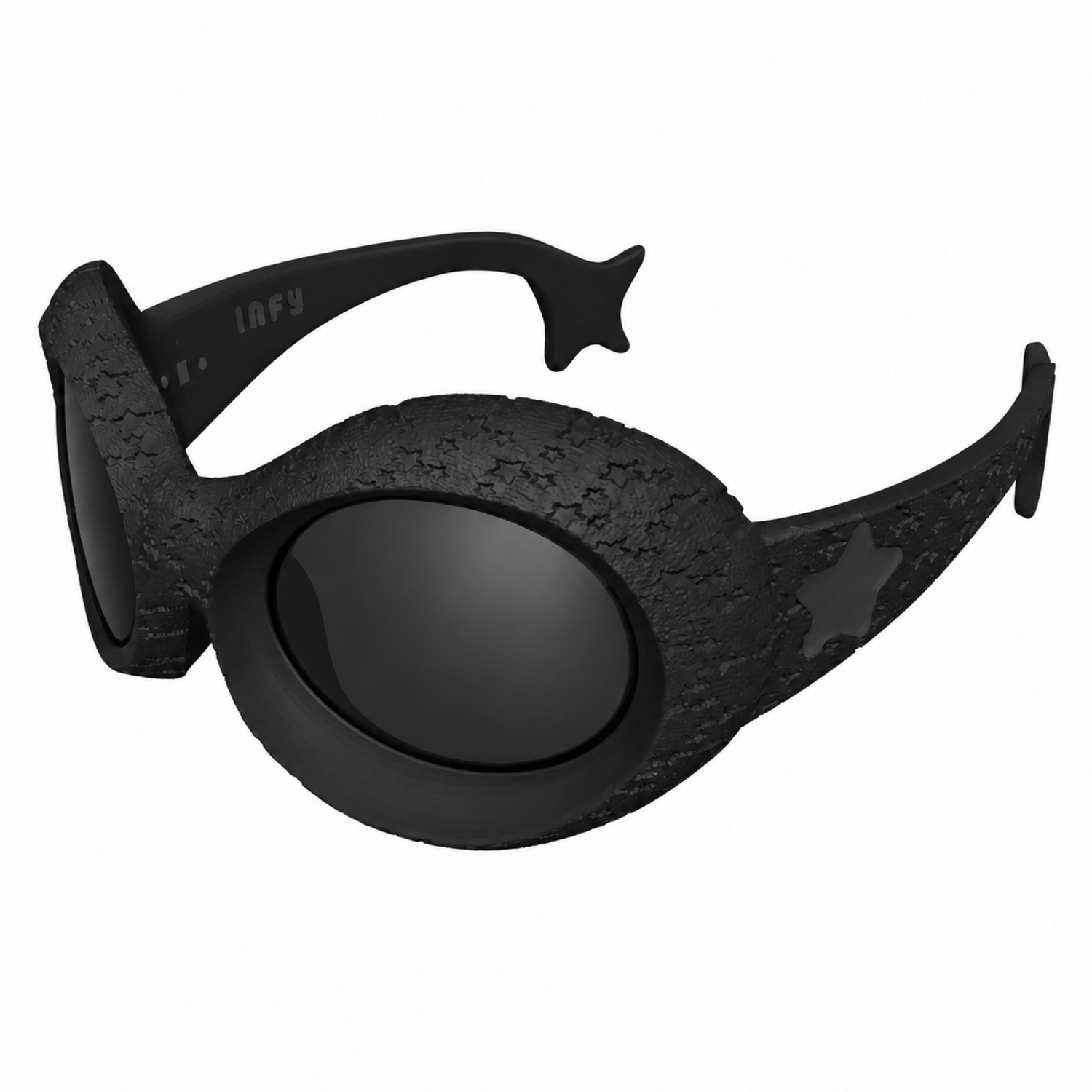 Infy Black sunglasses, three-quarter corner view showing star-textured frame and curved temples