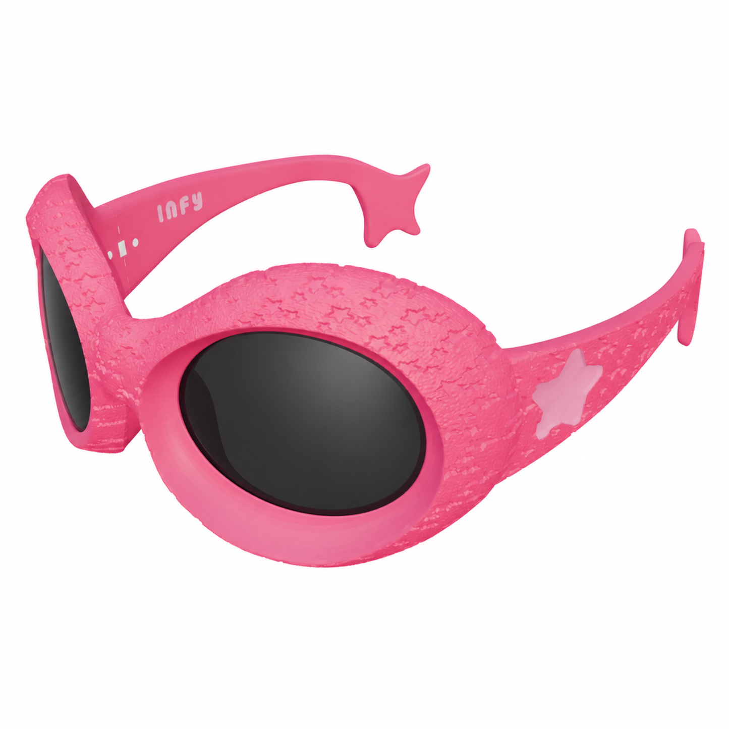 Infy Spicy Pink sunglasses, three-quarter corner view showing star-textured frame and curved temples